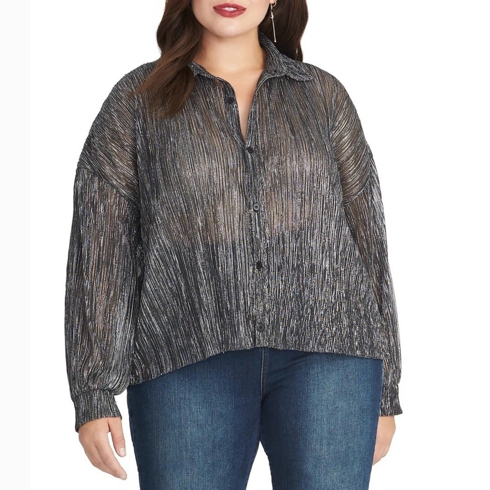 Rachel Roy Top Blouse Silver Button Down Long Sleeves 2X